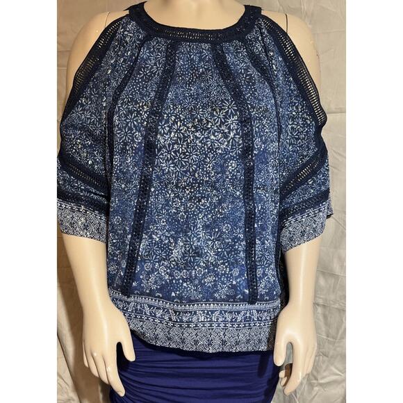 Elie Tahari L Silk Blouse Blue Cold Shoulder Metallic Embroidery Pleated Chiffon - Picture 1 of 14